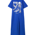 Farm Rio organic cotton maxi dress in active blue with a bold graphic print