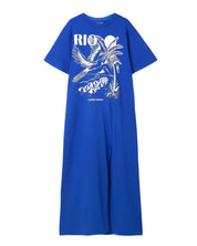 Farm Rio organic cotton maxi dress in active blue with a bold graphic print