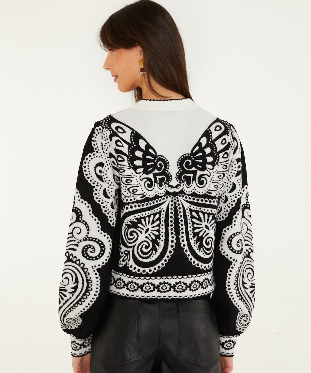 Farm Rio Arabesque Butterfly cropped cardigan in black and white – back view with a large arabesque butterfly