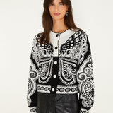 Farm Rio Arabesque Butterfly cropped cardigan in black and white – front view
