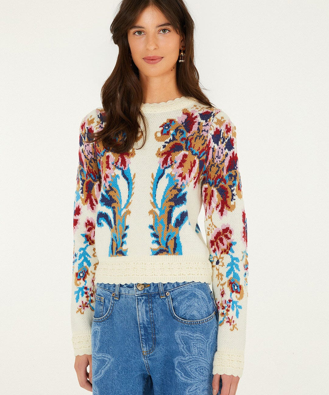 Farm Rio Arabesque cropped jumper, off-white – front view