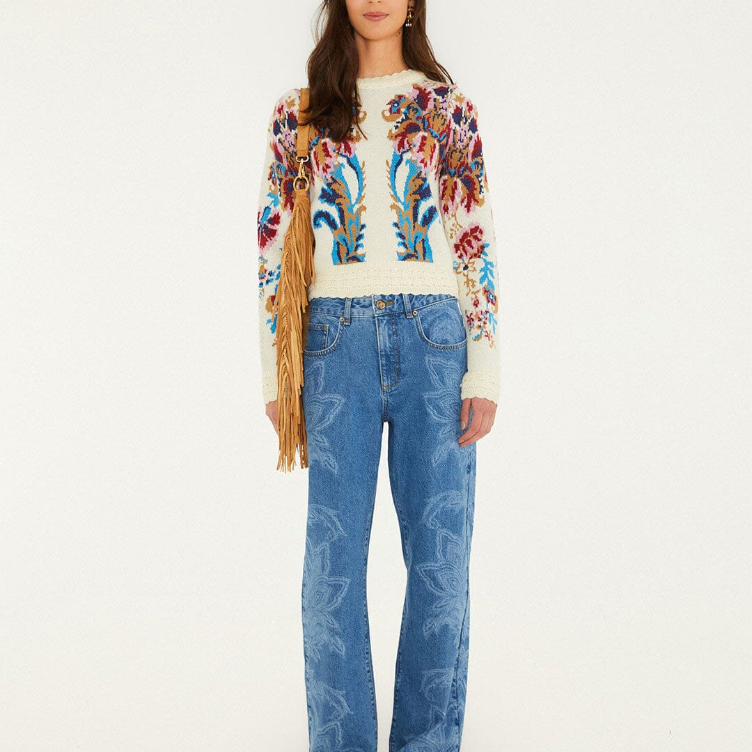 Farm Rio Arabesque cropped jumper, off-white – full look with straight jeans and ankle boots