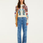 Farm Rio Arabesque cropped jumper, off-white – full look with straight jeans and ankle boots