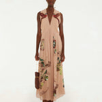 Farm Rio Bird Poetry maxi dress in powder pink – full look with ankle boots and a leather bag
