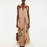 Farm Rio Bird Poetry maxi dress in powder pink – full look with ankle boots and a leather bag