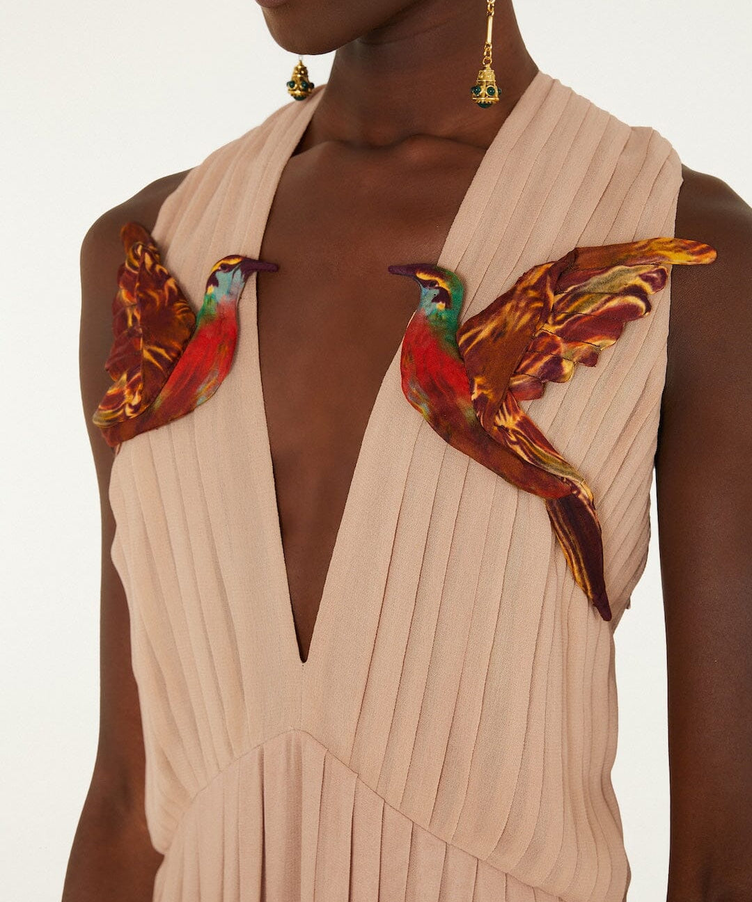 Farm Rio Bird Poetry maxi dress in powder pink – close-up of the two appliquéd hummingbirds