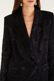 Close-up of the black leopard print texture and button detail  of Farm Rio's Black Leopard Blazer