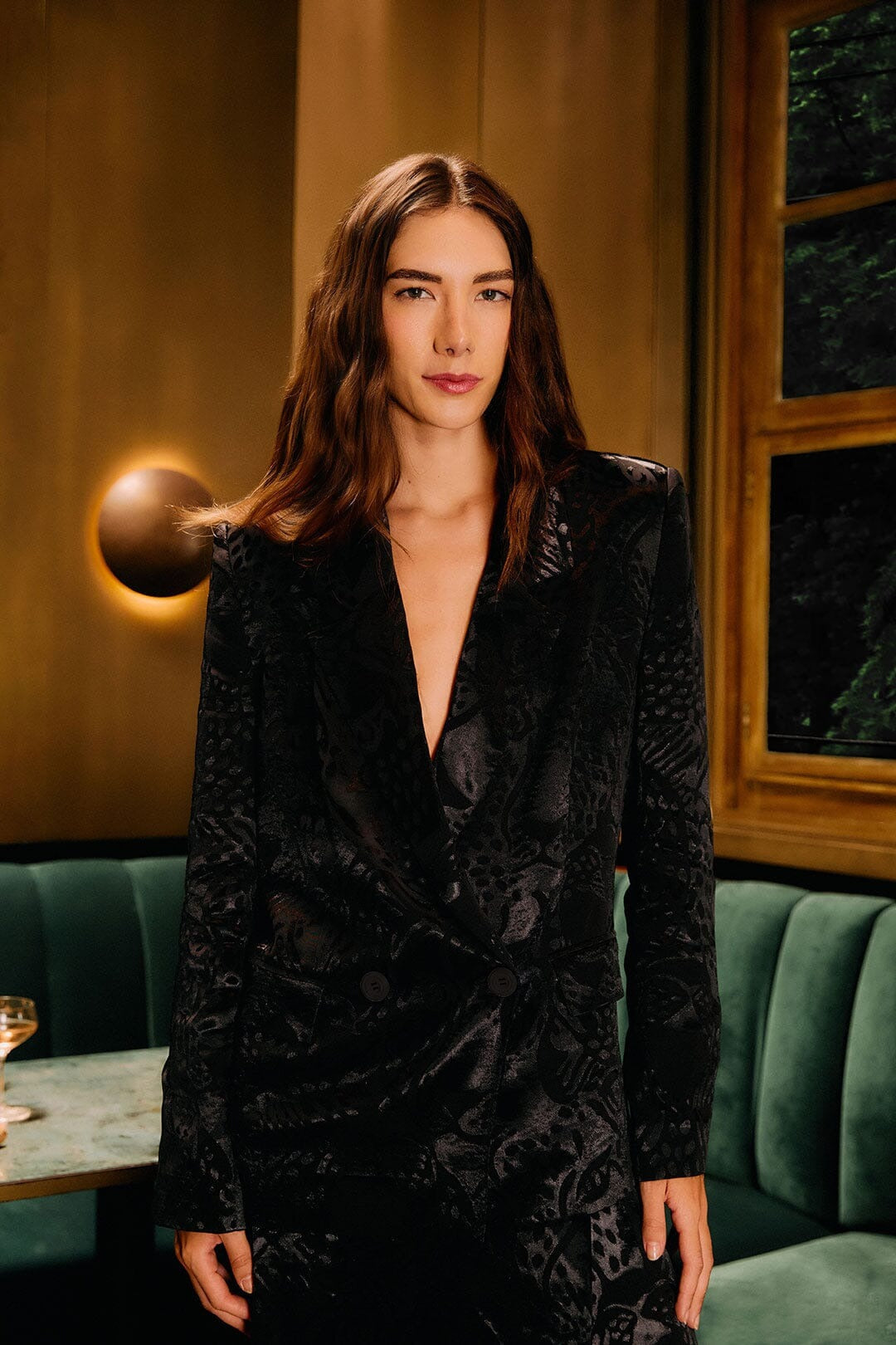 Farm Rio black-on-black leopard blazer styled for a night out