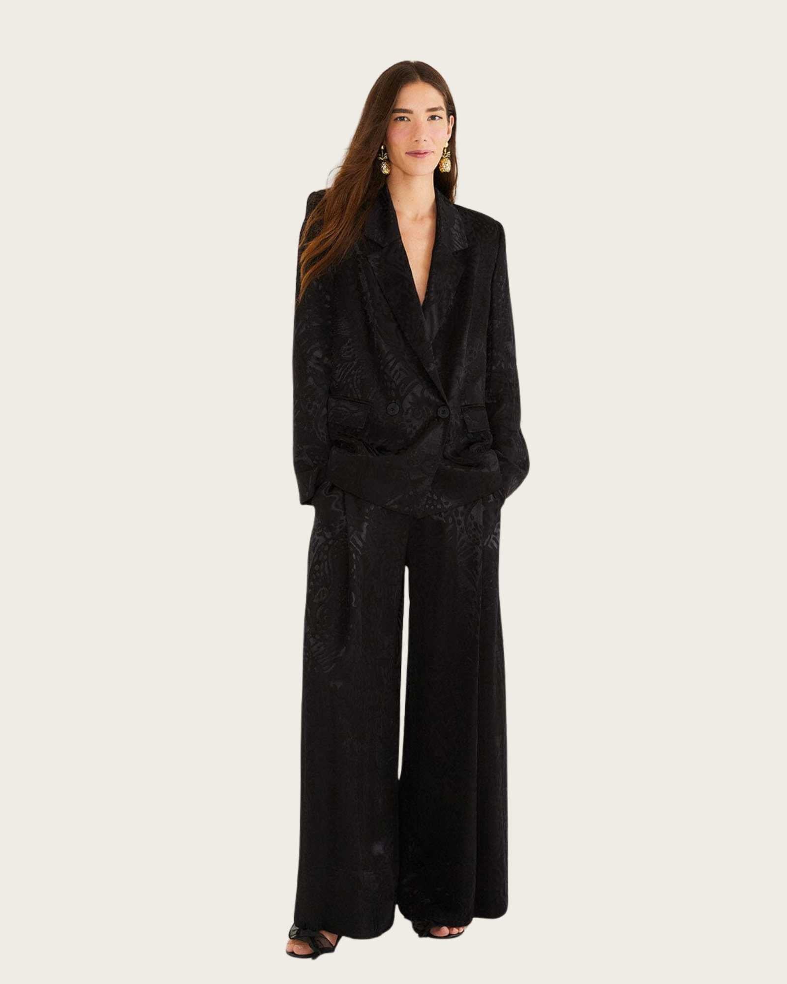 FARM Rio Black Leopard Jacquard Blazer view featuring bold animal jacquard pattern and tailored structured silhouette.