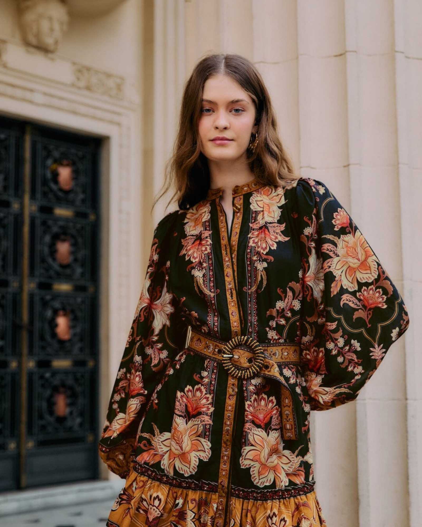 FARM Rio Black Majestic Garden Beaded Buckle Long Sleeve Mini Dress view featuring botanical print and elegant beaded buckle detail.