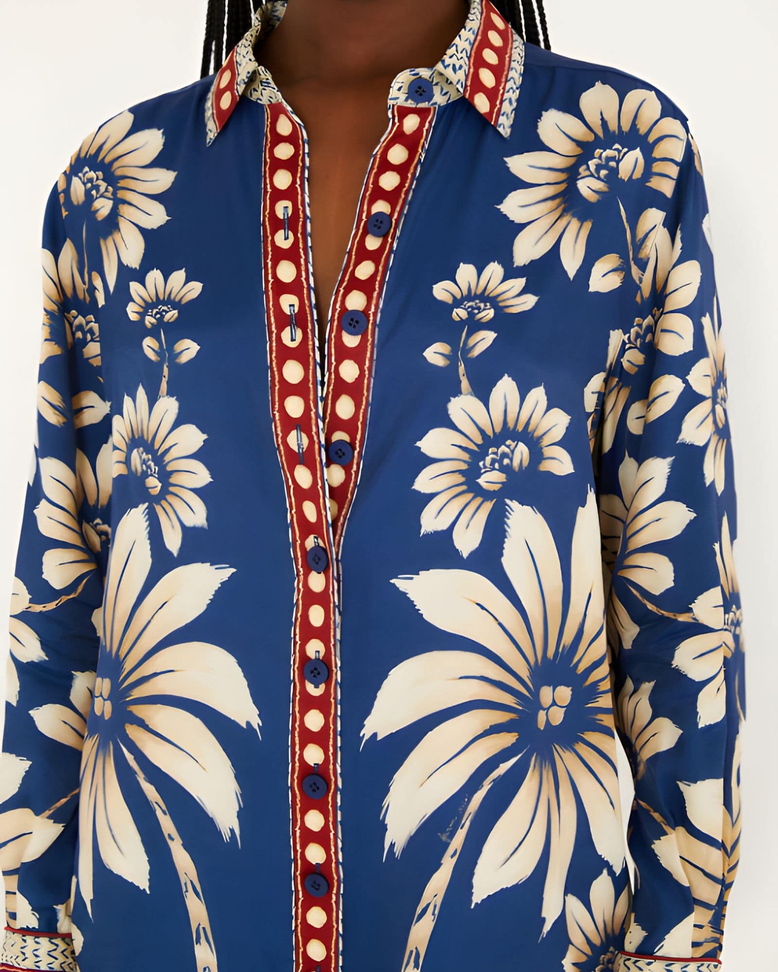 Close-up view of the Farm Rio Blue Luna pajama shirt, highlighting the classic notched collar, full button-down closure, and contrast printed cuffs.