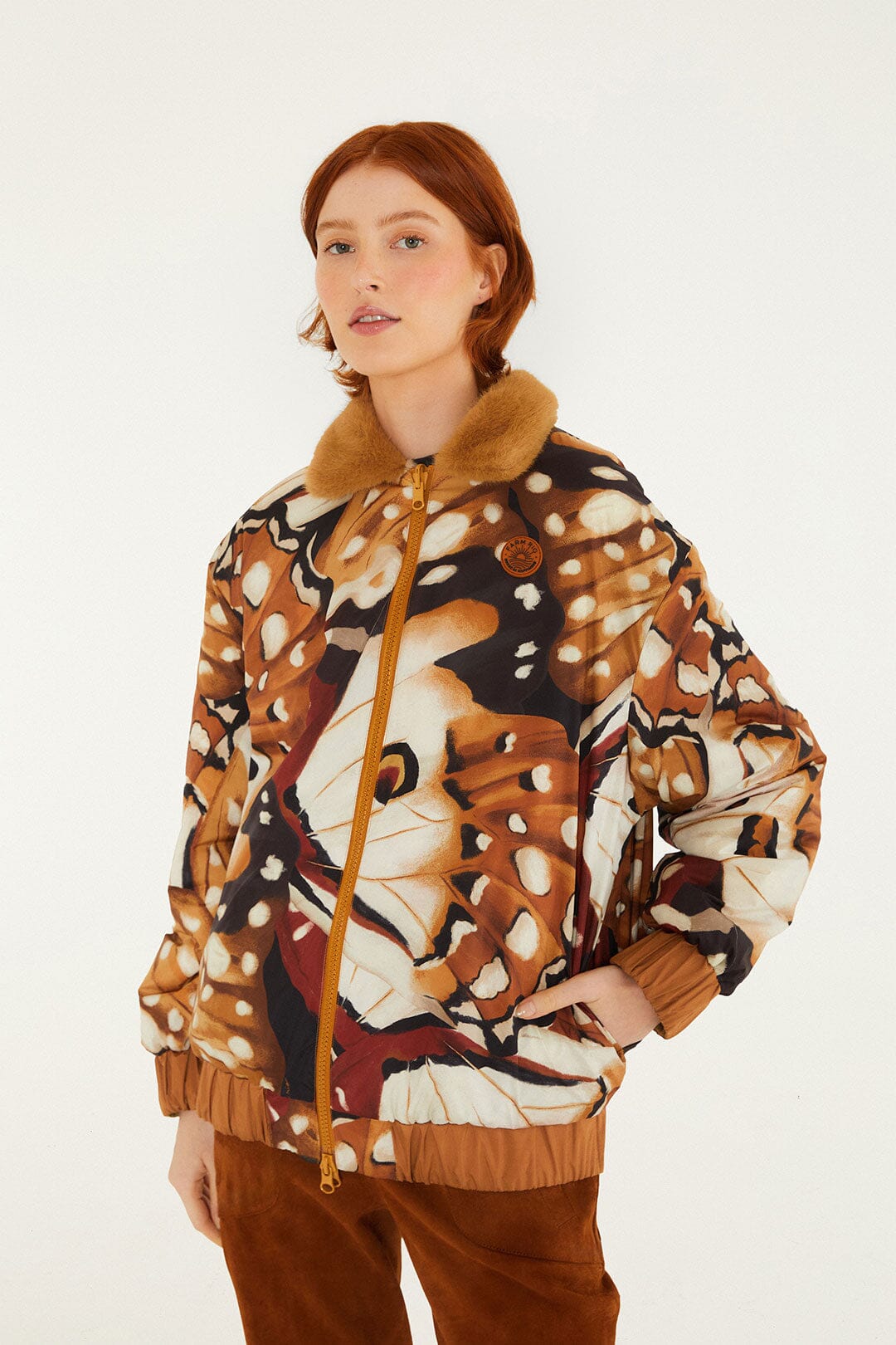 Farm Rio Borbofly reversible puffer jacket with a fawn print – worn on the reverse side