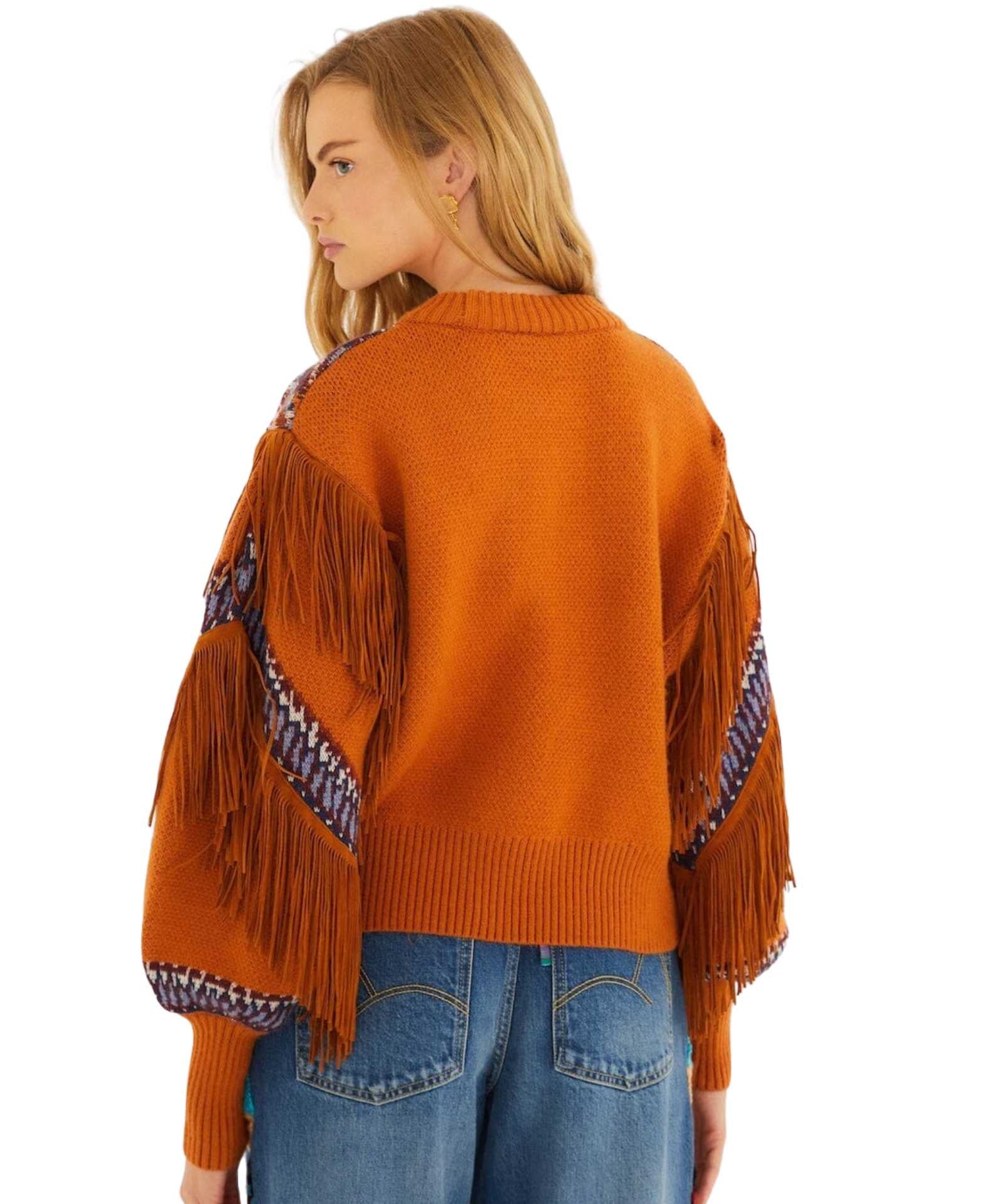 FARM Rio Brown Arabesque Scarf Fringe Cuffed Knit Sweater view featuring scarf-inspired patterns and decorative fringe cuffs.