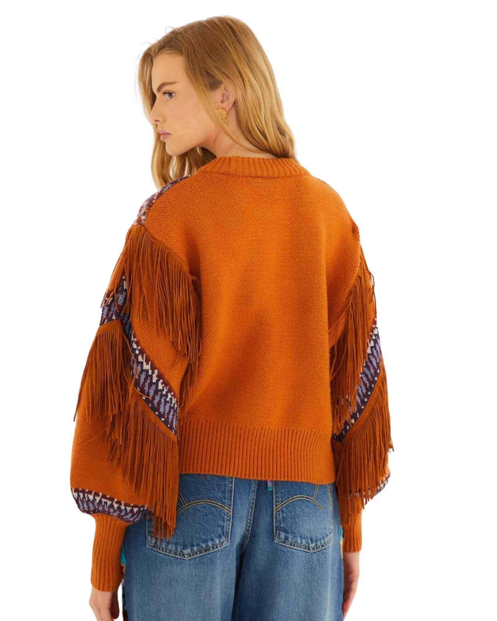 FARM Rio Brown Arabesque Scarf Fringe Cuffed Knit Sweater view featuring scarf-inspired patterns and decorative fringe cuffs.