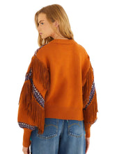 FARM Rio Brown Arabesque Scarf Fringe Cuffed Knit Sweater view featuring scarf-inspired patterns and decorative fringe cuffs.