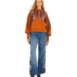FARM Rio Brown Arabesque Scarf Fringe Cuffed Knit Sweater view featuring scarf-inspired patterns and decorative fringe cuffs.