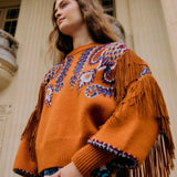 FARM Rio Brown Arabesque Scarf Fringe Cuffed Knit Sweater view featuring scarf-inspired patterns and decorative fringe cuffs.