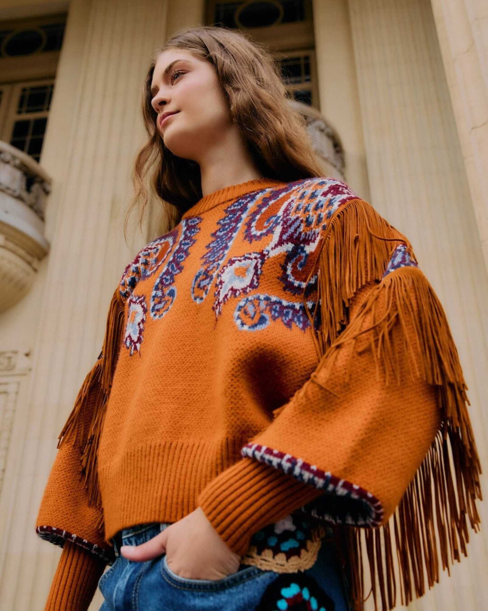 FARM Rio Brown Arabesque Scarf Fringe Cuffed Knit Sweater view featuring scarf-inspired patterns and decorative fringe cuffs.