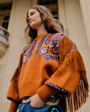 FARM Rio Brown Arabesque Scarf Fringe Cuffed Knit Sweater view featuring scarf-inspired patterns and decorative fringe cuffs.