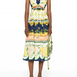 FARM Rio Embellished Cutout Printed Midi Dress  view showcasing the artistic print and sophisticated cutout details.
