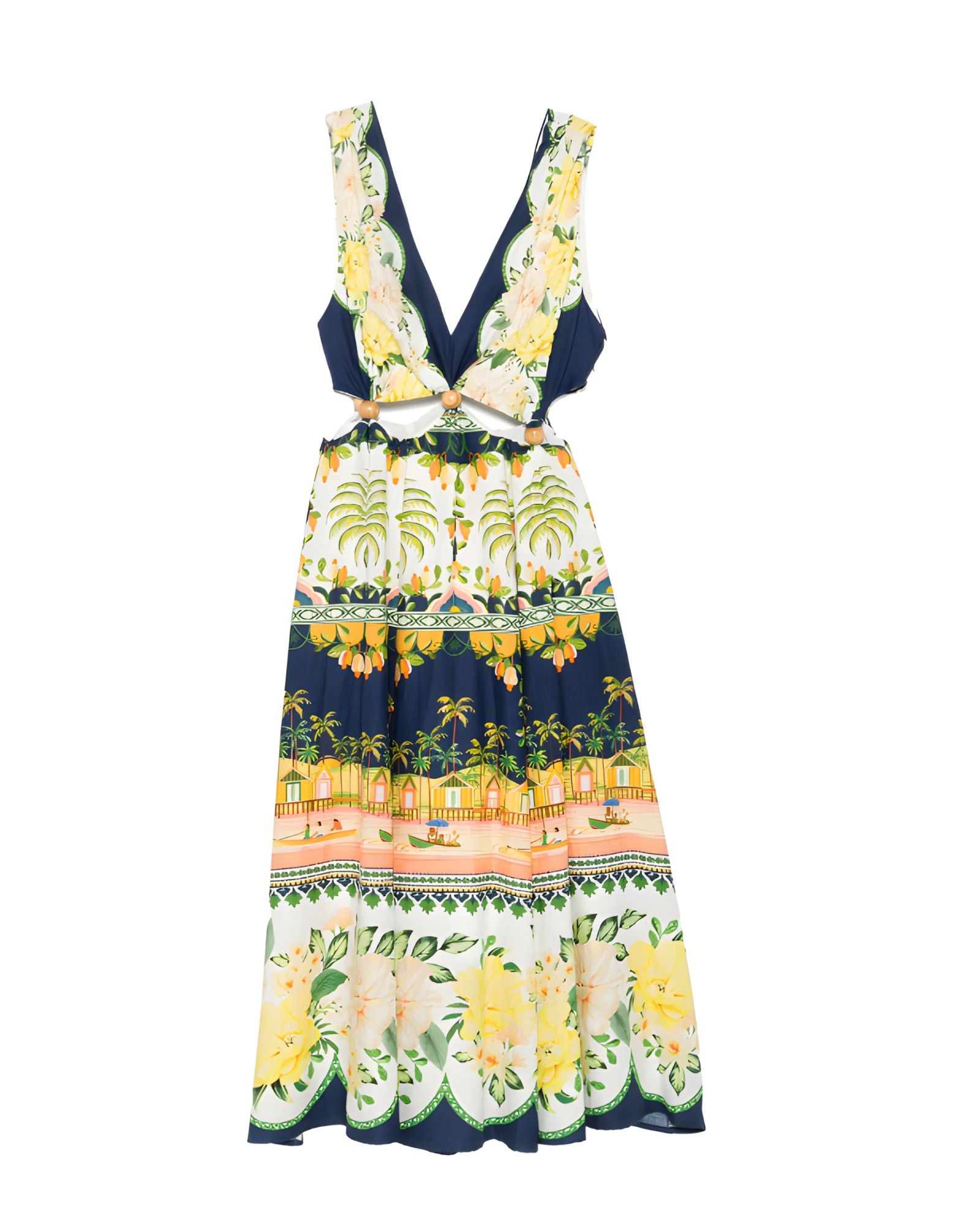 Studio product shot of the Farm Rio Embellished Cutout Printed Midi Dress, showcasing its vibrant multicolor landscape print and deep blue trim.