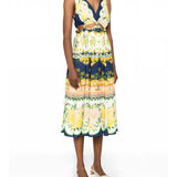 Side view of the FARM Rio multicolour printed midi dress with waist cutouts and flowing skirt