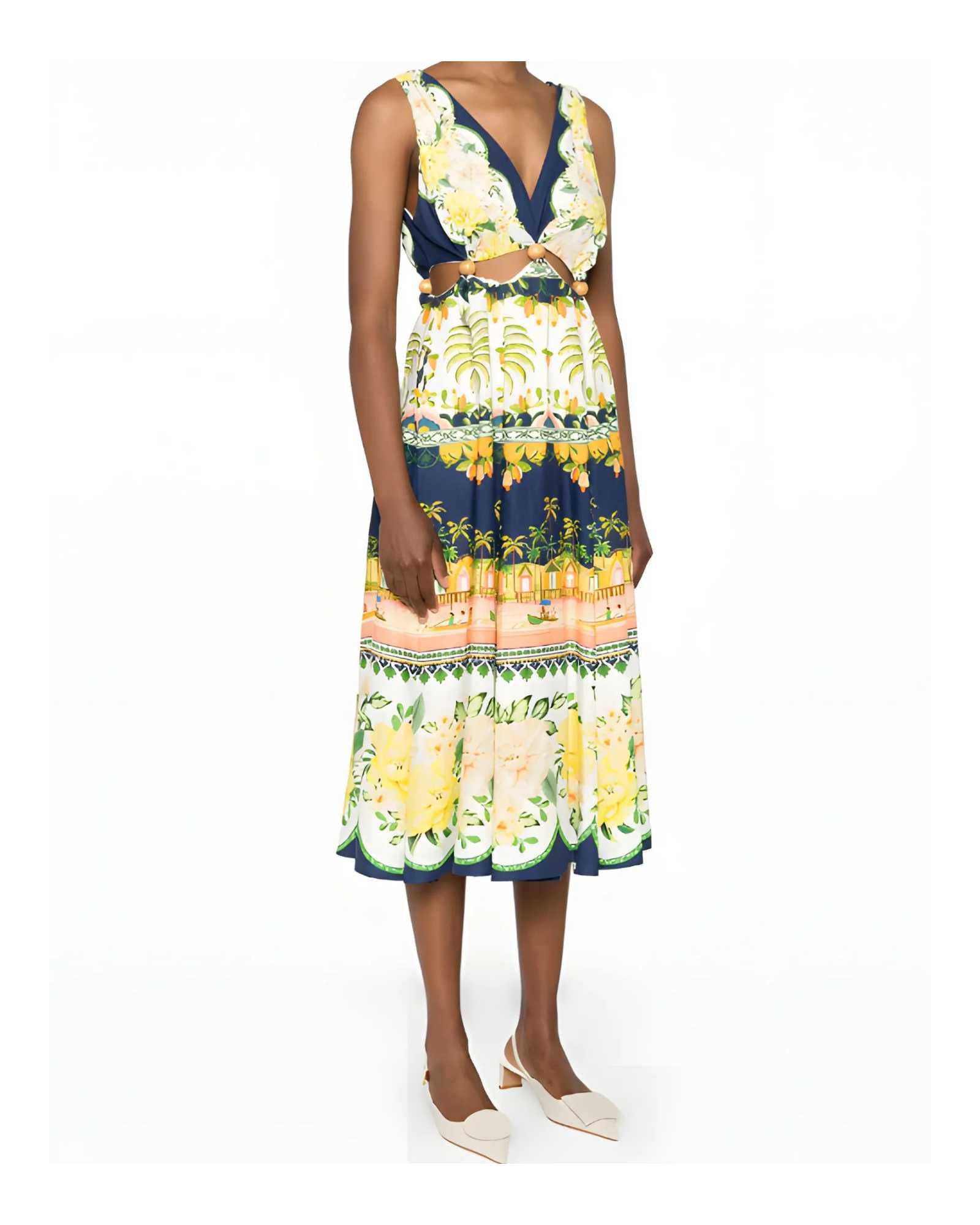 Side view of the FARM Rio multicolour printed midi dress with waist cutouts and flowing skirt