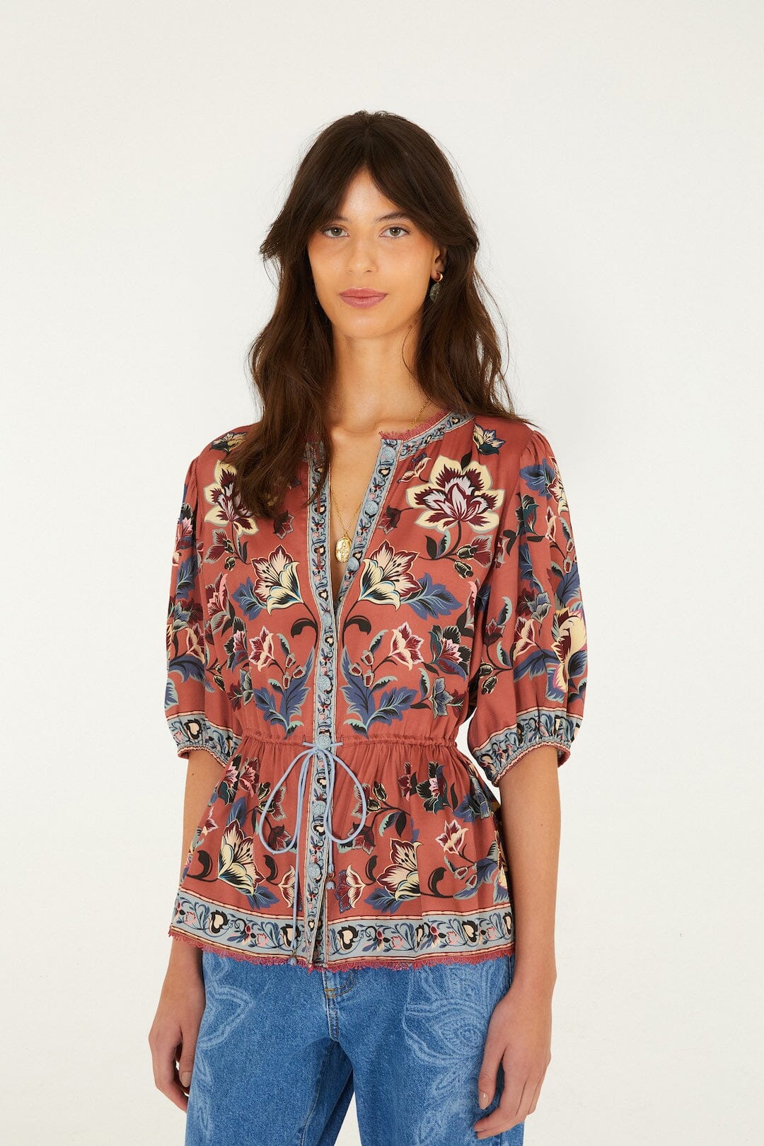 FARM Rio Floral Beauty Tapestry Drawstring Blouse – view 1