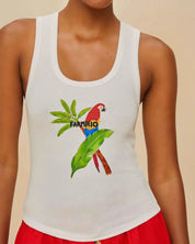 White tank top with a colorful parrot design and 'Farm Rio' text