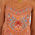 Detailed close-up of the square neckline, floral print, and delicate lace trim on the mocha FARM Rio blouse.