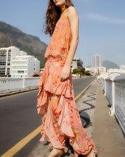 Model wearing Farm Rio mocha boho enhance ruffled maxi skirt with matching sleeveless top, full length view.