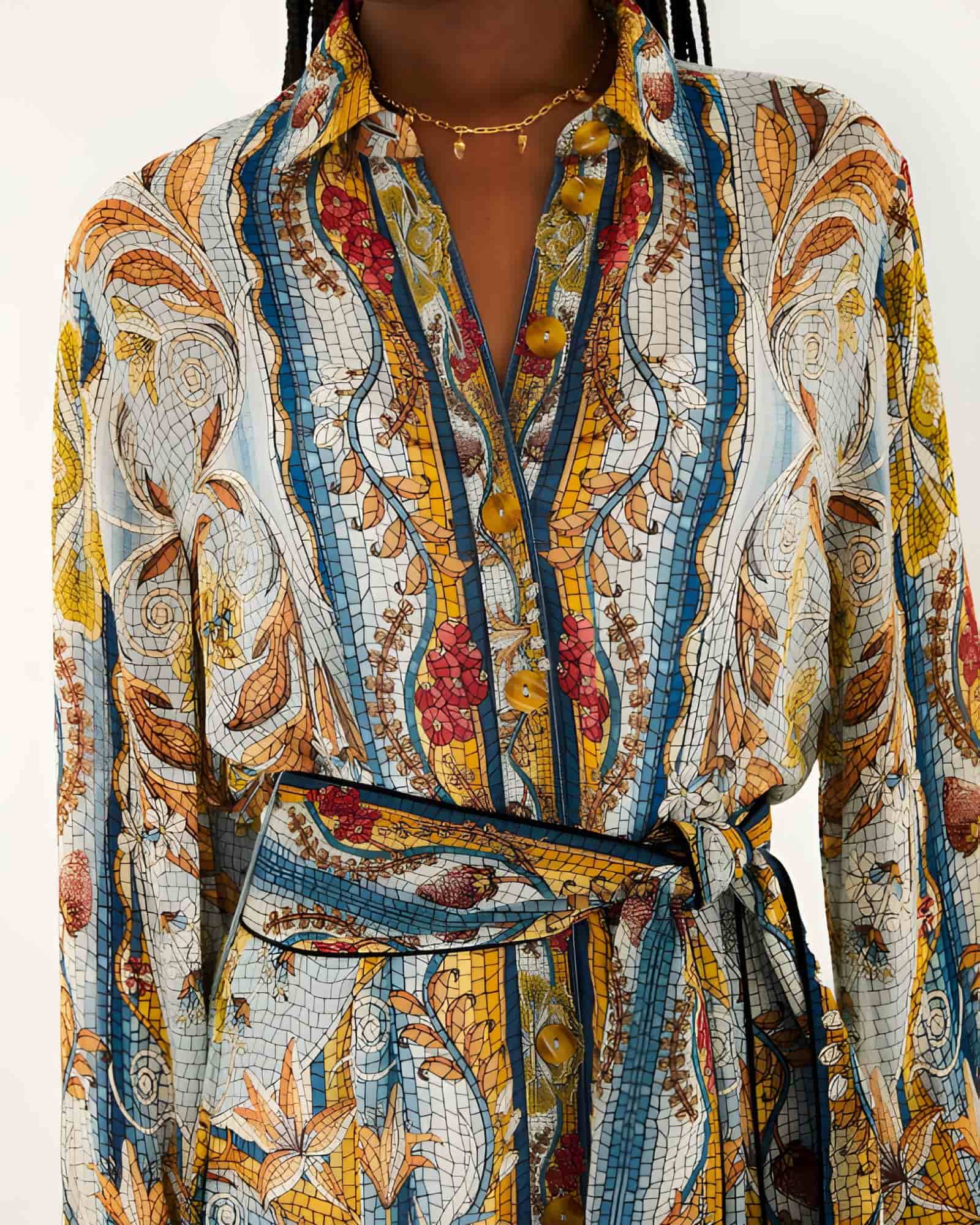 Close-up view of the FARM Rio mini dress, highlighting the structured collared neckline, front buttons, and adjustable self-tie belt.
