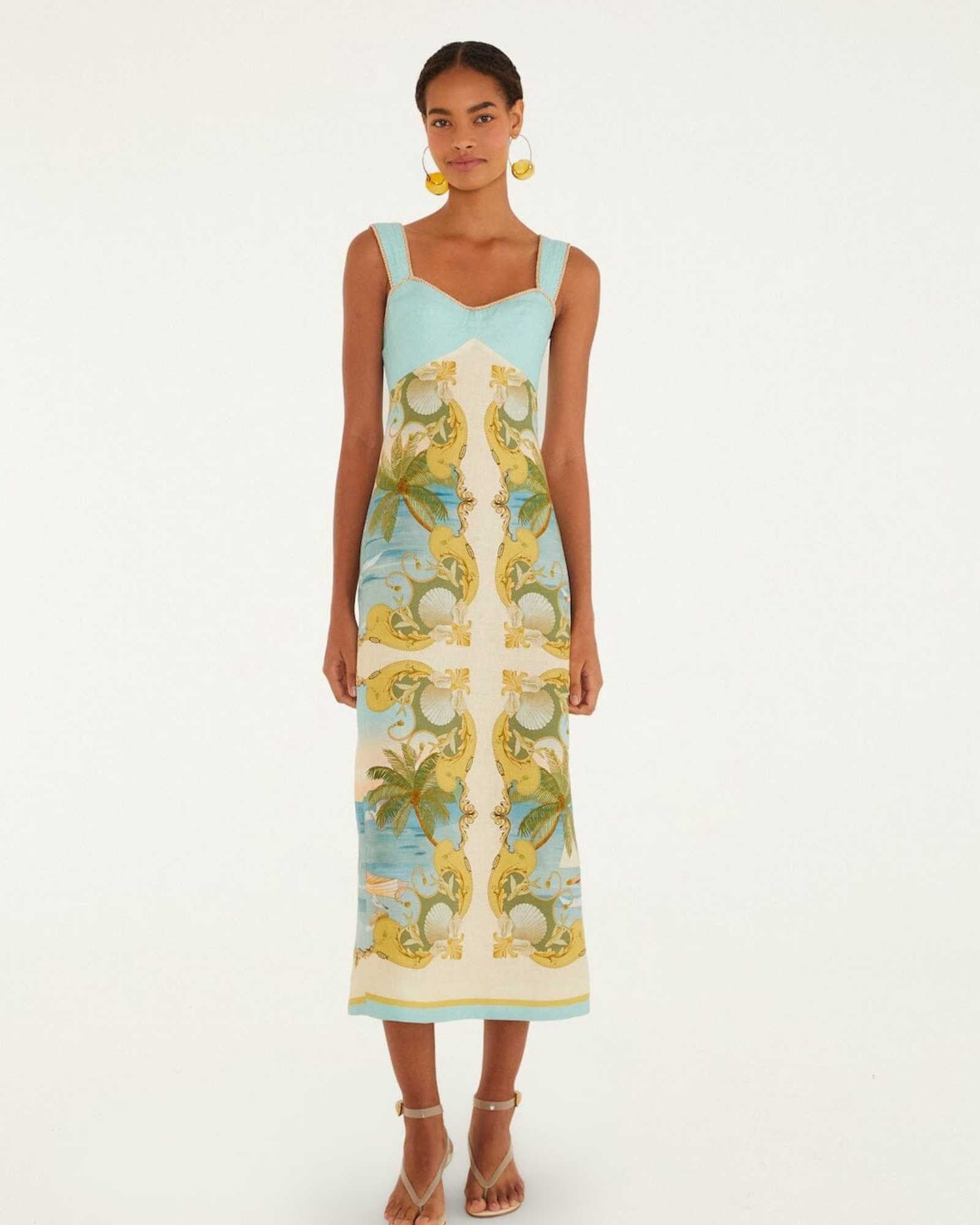 FARM Rio Multicolor Royal Sea Maxi Dress view featuring a vibrant ocean-inspired Royal Sea print and flowing silhouette.