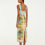 Back view of the FARM Rio Royal Sea multicolour maxi dress worn by a model