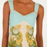 Model wearing the FARM Rio Royal Sea multicolour maxi dress with scoop neck