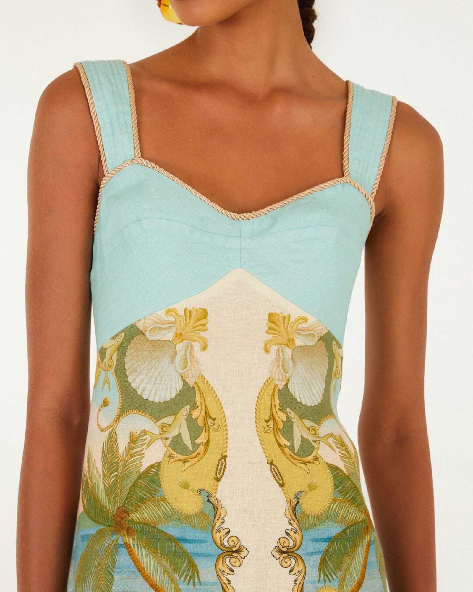 Model wearing the FARM Rio Royal Sea multicolour maxi dress with scoop neck