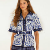 FARM Rio Off-White Porcelain Garden Mini Dress view featuring a porcelain-inspired floral print and flattering mini silhouette.
