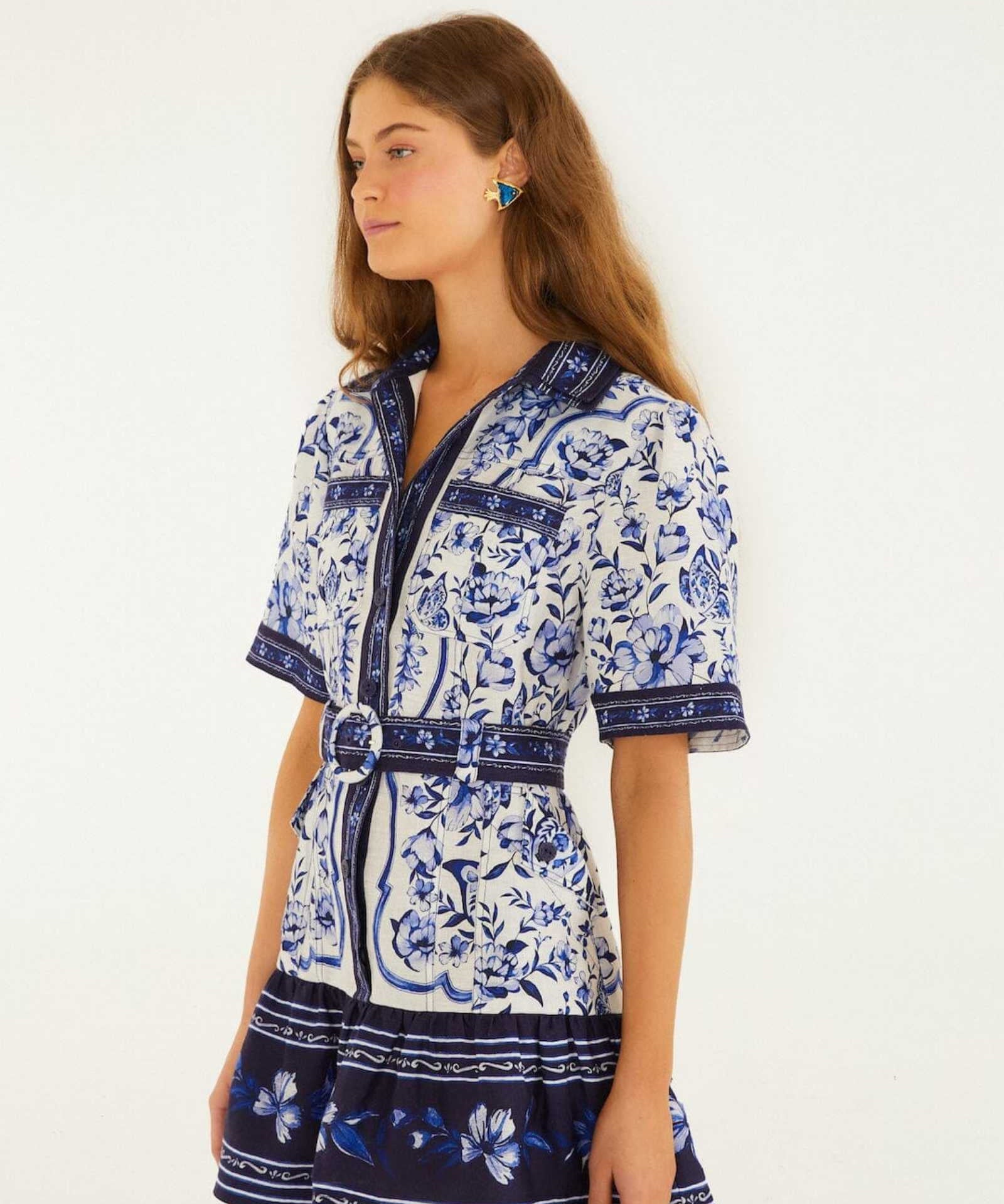 FARM Rio Off-White Porcelain Garden Mini Dress view featuring a porcelain-inspired floral print and flattering mini silhouette.