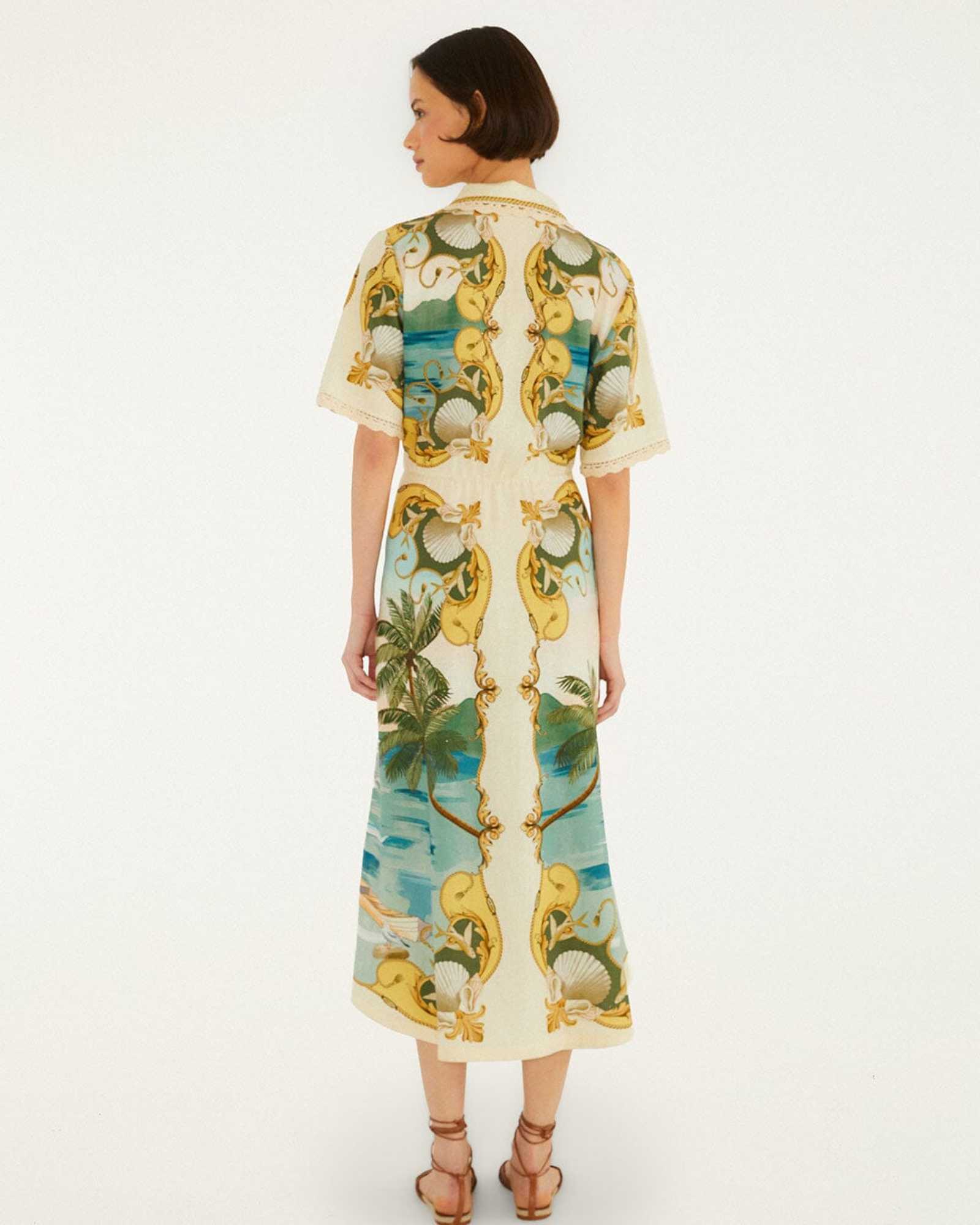 FARM Rio Off-White Royal Sea Collared Midi Dress view featuring a colorful ocean-inspired Royal Sea print and classic collar.