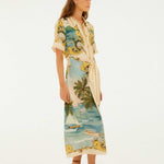 FARM Rio Off-White Royal Sea Collared Midi Dress view featuring a colorful ocean-inspired Royal Sea print and classic collar.