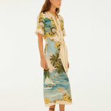 FARM Rio Off-White Royal Sea Collared Midi Dress view featuring a colorful ocean-inspired Royal Sea print and classic collar.