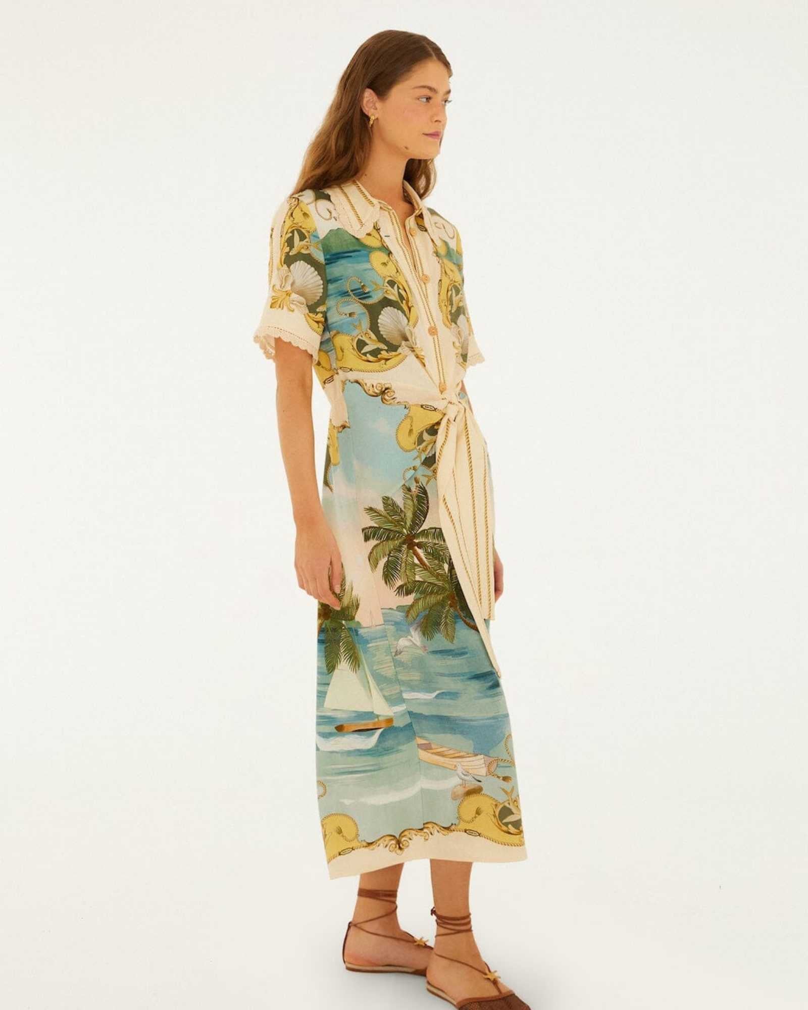 FARM Rio Off-White Royal Sea Collared Midi Dress view featuring a colorful ocean-inspired Royal Sea print and classic collar.
