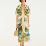 FARM Rio Off-White Royal Sea Collared Midi Dress view featuring a colorful ocean-inspired Royal Sea print and classic collar.