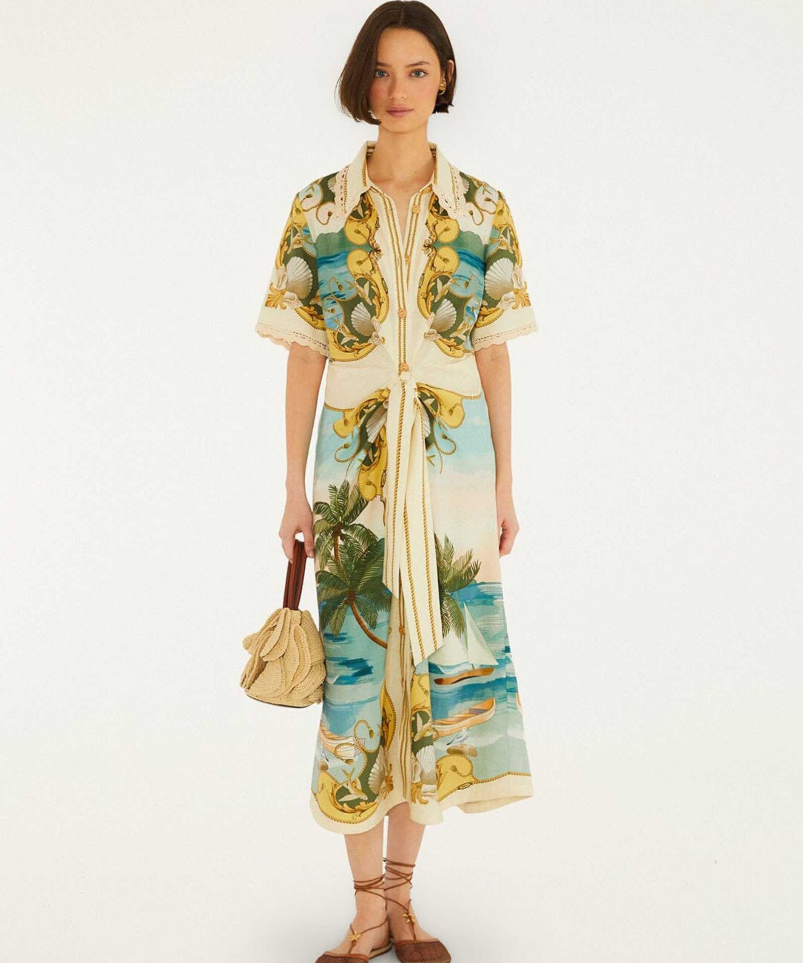 FARM Rio Off-White Royal Sea Collared Midi Dress view featuring a colorful ocean-inspired Royal Sea print and classic collar.
