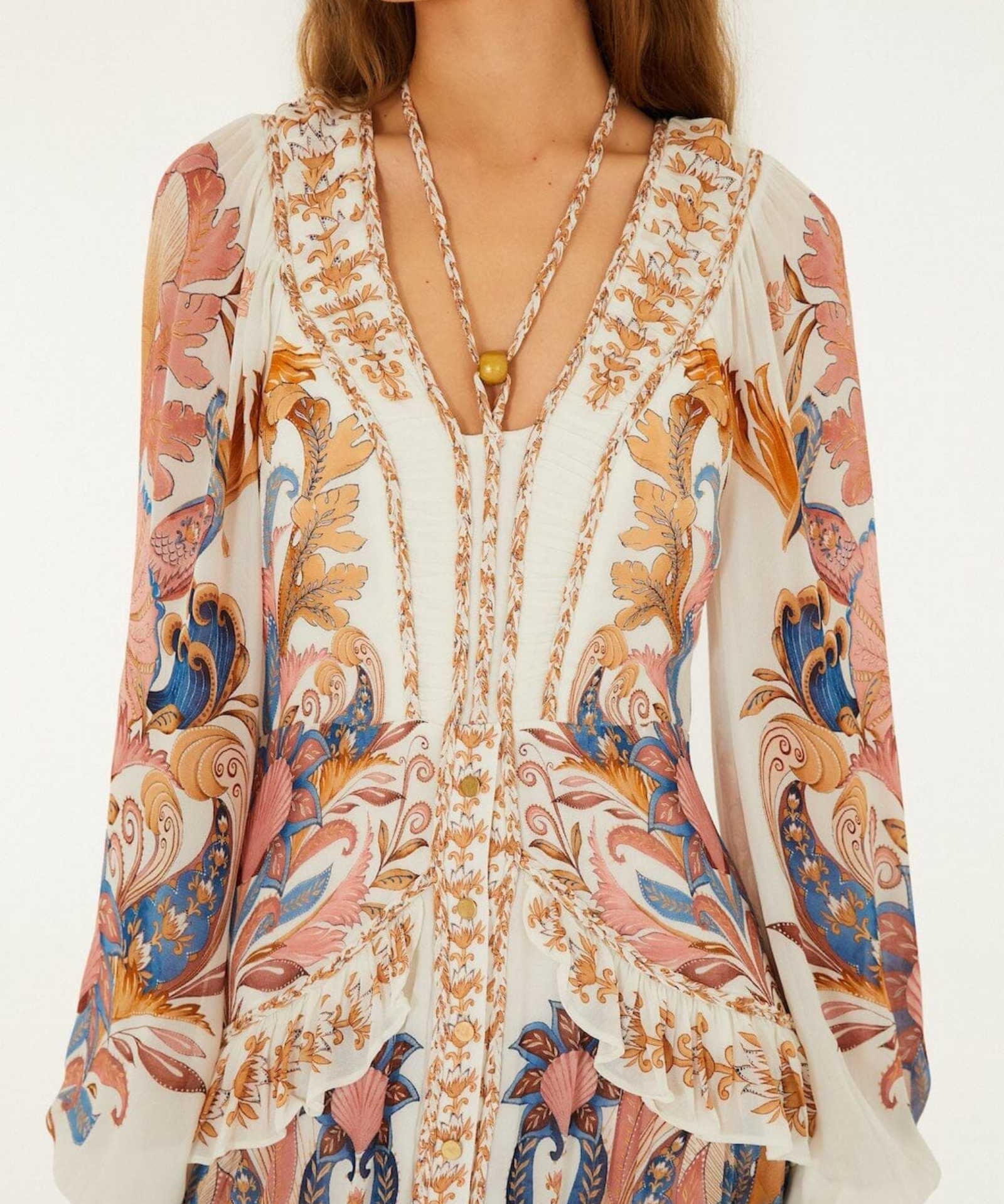 FARM Rio Off-White Sea Garden Ruffled Maxi Dress view featuring a romantic floral print and cascading ruffle design.