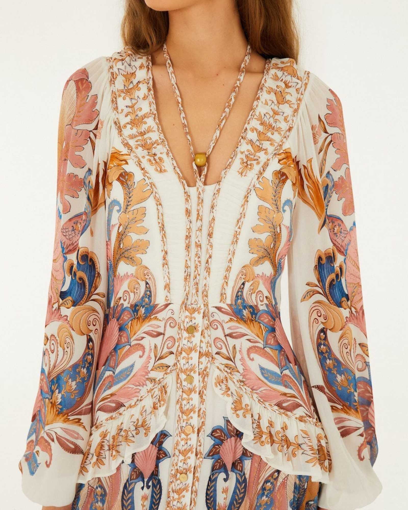 FARM Rio Off-White Sea Garden Ruffled Maxi Dress view featuring a romantic floral print and cascading ruffle design.