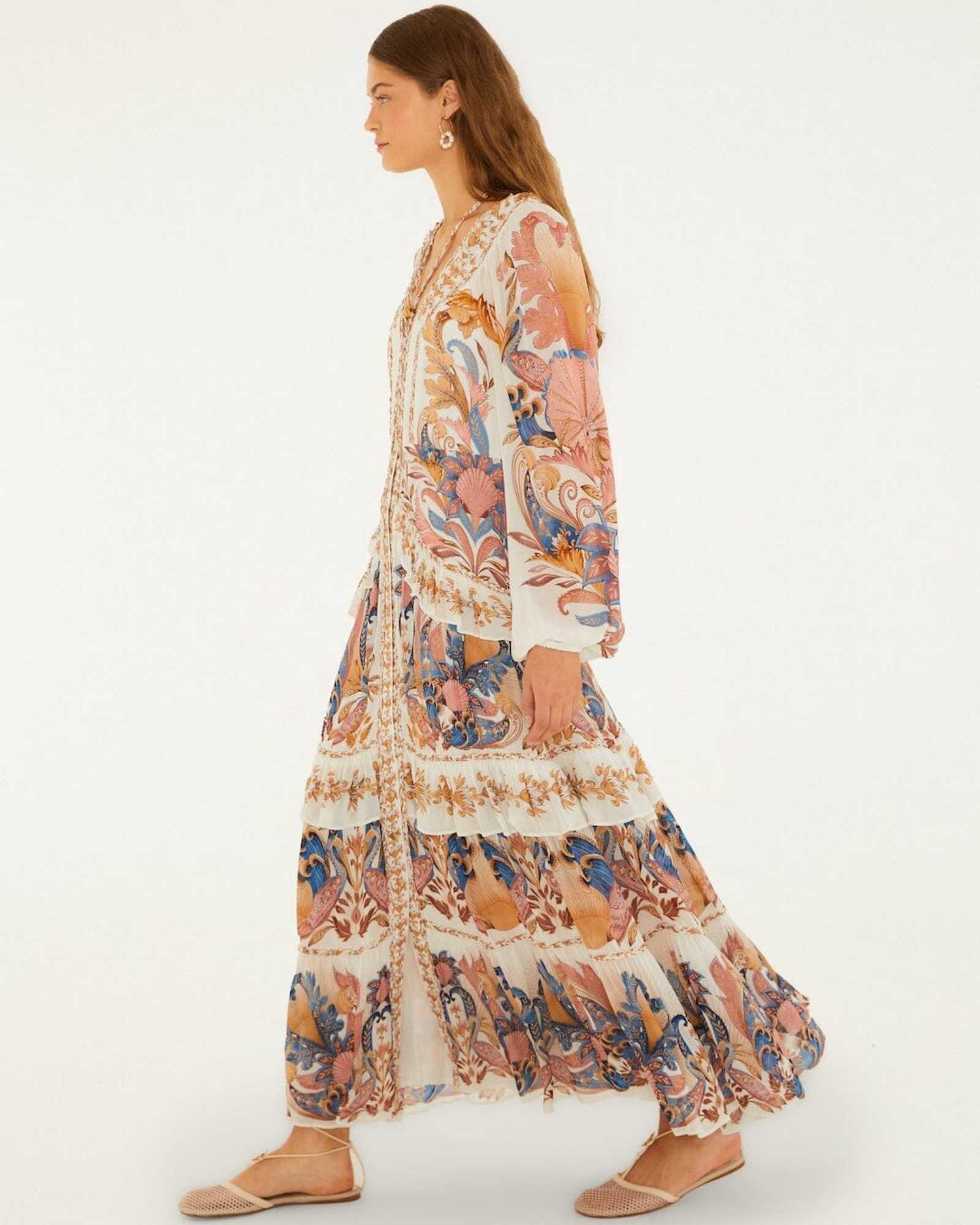 FARM Rio Off-White Sea Garden Ruffled Maxi Dress view featuring a romantic floral print and cascading ruffle design.