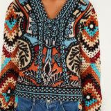 FARM Rio Balamana crochet sleeve sweater – close-up on the model