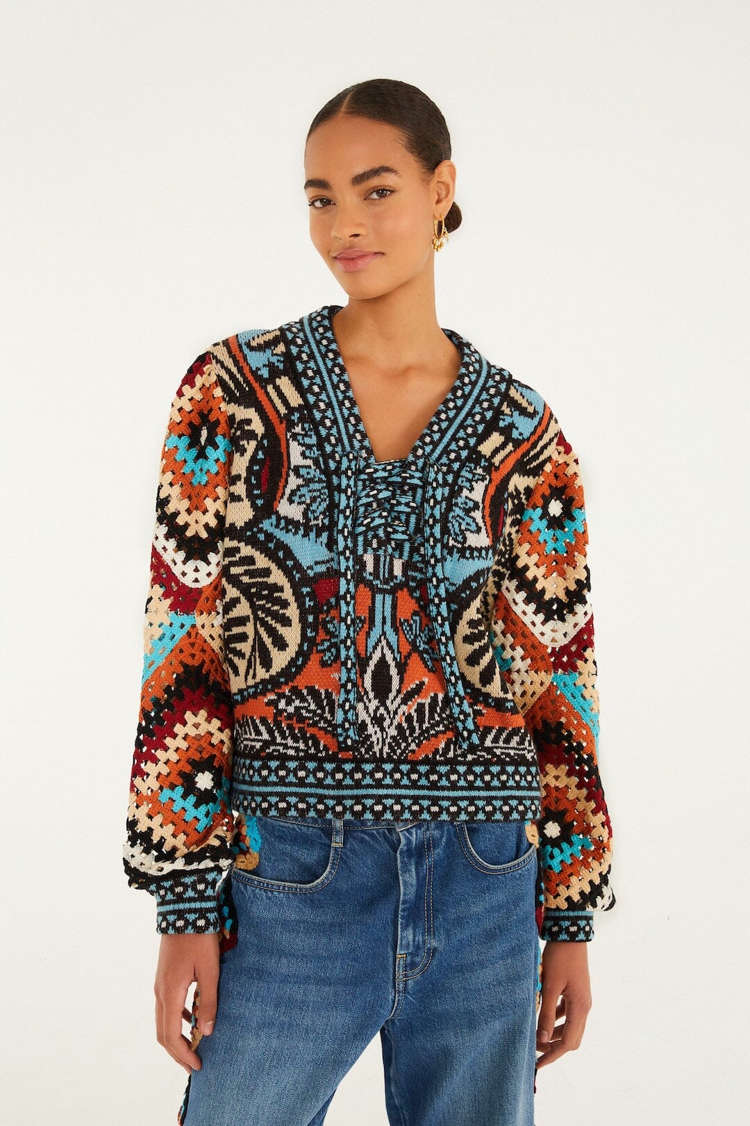 FARM Rio Balamana crochet sleeve sweater in multicolour – front view