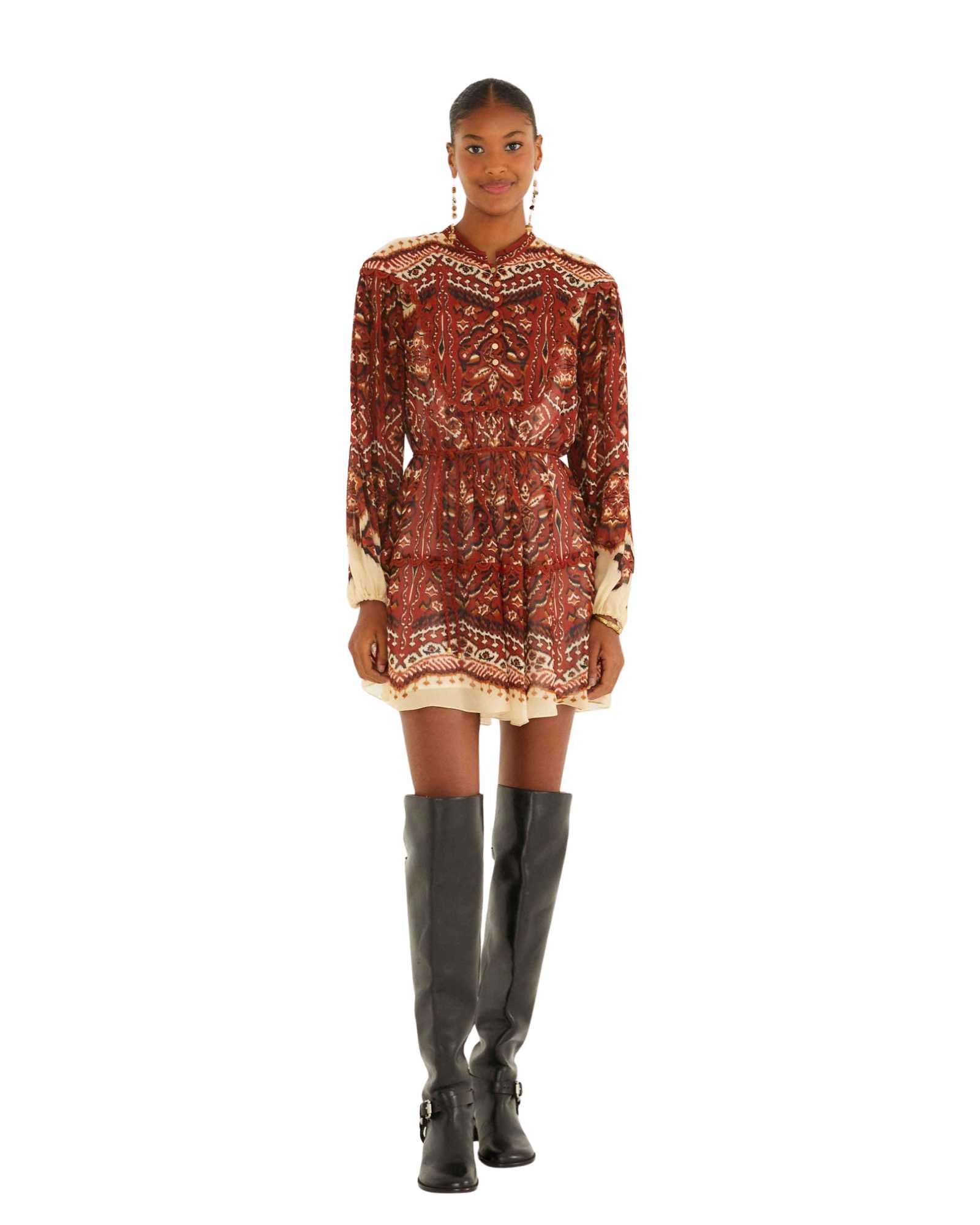 FARM Rio Sand Ainika Pineapple Tapestry Long Sleeve Mini Dress view featuring tropical pineapple tapestry print and elegant silhouette.